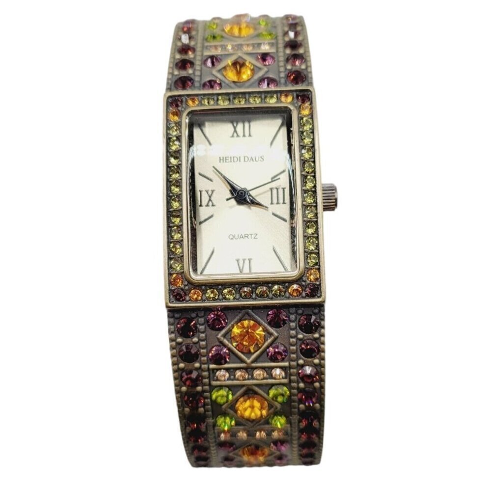 Heidi Daus Women's Double Trouble Cuff Wrist Watch Swarovski Crystals Brass Tone